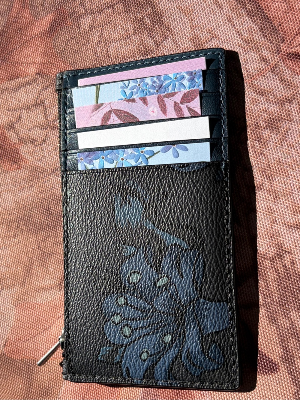 Coach Navy Floral 5 Slot Card Wallet w/ Zip